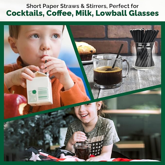 [400 Pack] Chunspak 5.75 inch Disposable Black Paper Cocktail Straws, Paper Bar Stirrers - Individually Wrapped
