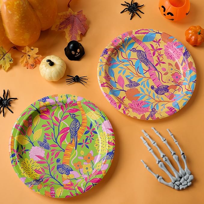 MUCHII 10 Inch Paper Plates 120 Count, Elegant Floral Bird Design Disposable Floral Plates for Wedding, Party, Dinner, Holiday - 4 Vintage Colors (30 Each)