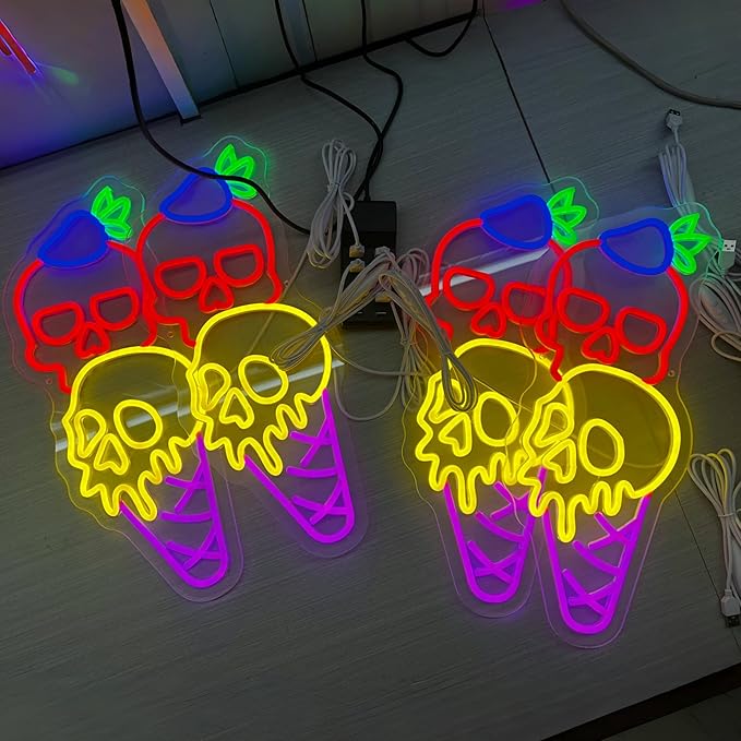 Halloween Ice Cream Skull Neon Sign, Quirky Gothic LED Wall Art,Skull Neon Light Ice Cream Neon Lighht Halloween Decor Wall Halloween Neon Sign Coffee Shop Decor, Christmas Party Bar Drink Shop-Red