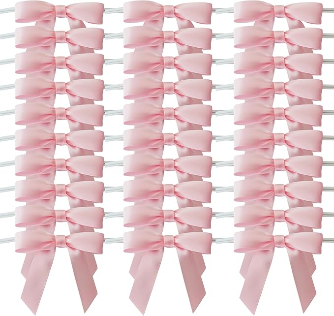 50pcs 2.5" Light Pink Polyester Satin Ribbon Bows with Twist Ties for Gift Wrapping Packing Easter Rabbit Decoration (Lt.Pink)