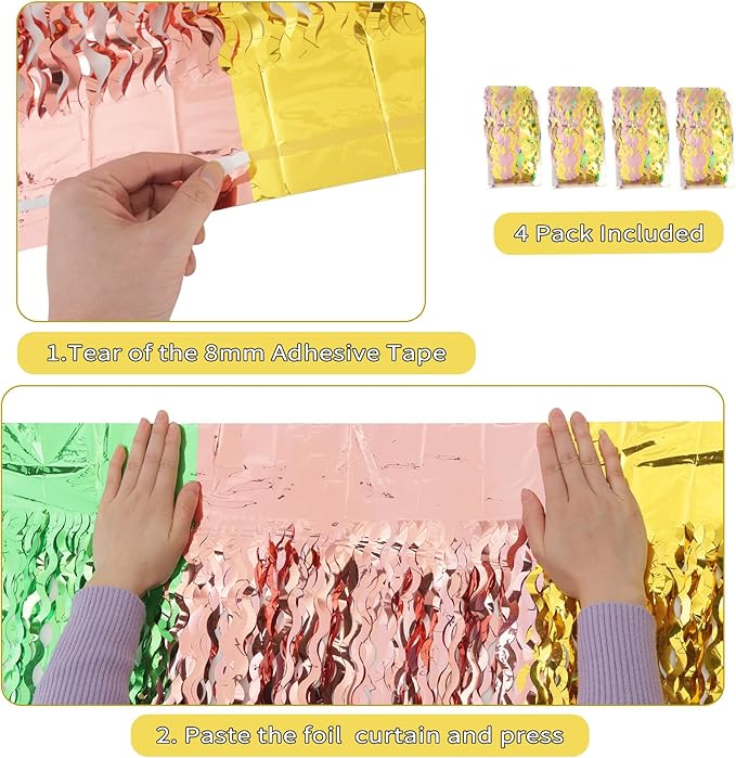 3 Pack Gold Green and Rose Gold Foil Curtain Party Decorations - 3.3x6.6fr Tinsel Streamers for Hawaiian Summer Tropical Beach Luau Themed Party Photo Booth Props Backdrop