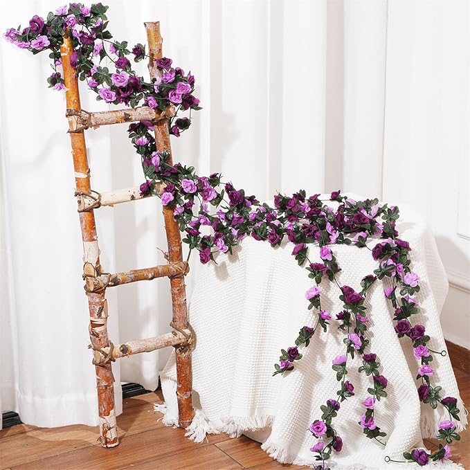 5 Pcs 41FT Flower Garland, Artificial Rose Garland Flowers Plants Fake Flower Hanging Rose Ivy, Birthday Party Valentine's Day Wedding Wall Arch Decor（Purple）