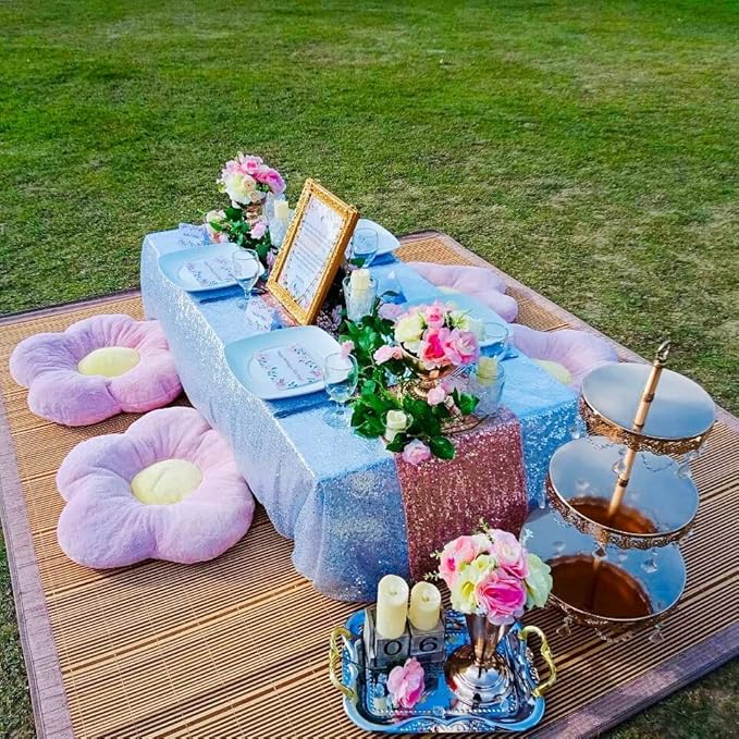 QueenDream Baby Blue Sequin Tablecloth 90x132 Inch Baby Shower Tablecloth Glitter Table Cloth for Wedding Party Decor