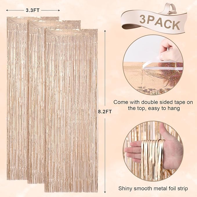 3 Pack 3.3 x 8.2 ft Laser Champagne Foil Fringe Backdrop Curtains, Tinsel Streamers Birthday Party Decorations, Fringe Backdrop for Graduation, Baby Shower, Gender Reveal, Disco Party