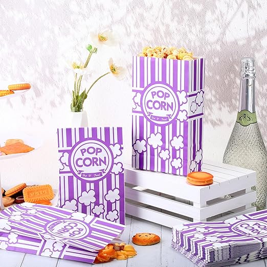Leinuosen 200 Pcs Paper Popcorn Bags Bulk 2 oz Large Flat Bottom Boxes Disposable Container Sleeve Movie Night Popcorn Bucket for Retro Movie Themed Party Carnival Supplies (Purple)
