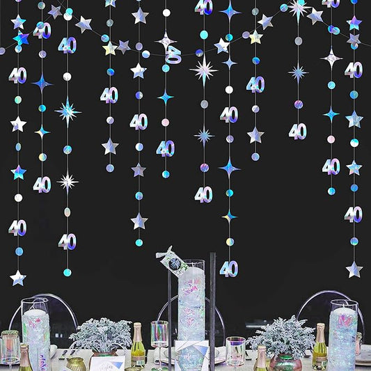 Iridescent 40th Birthday Decorations Number 40 Circle Dot Twinkle Star Garland Metallic Hanging Streamer Bunting Banner Backdrop for Women Mens 40 Year Old Birthday Forty Anniversary Party Supplies