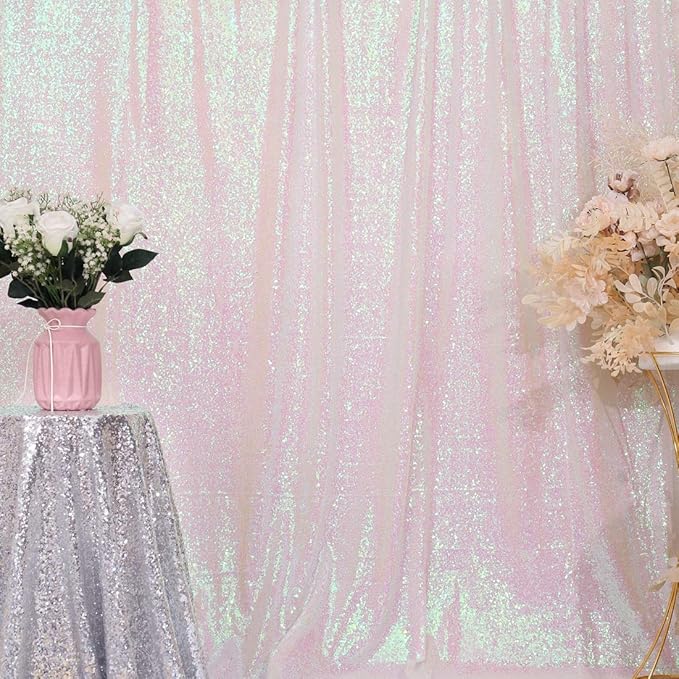 Juya Delight White Iridescent Backdrop Curtain, Sequin Photography Backdrop Curtain for Wedding Party Decoration Festival Ceremony,White Iridescent,2ftx8ft,2 Panels