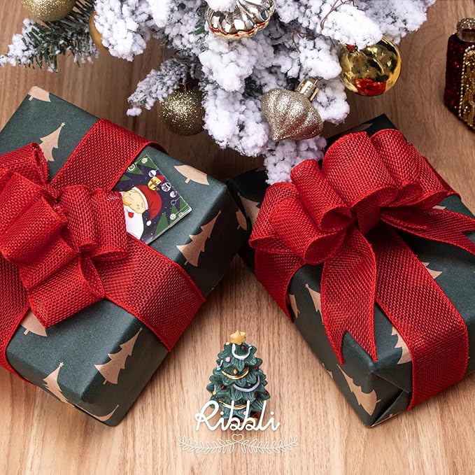 Ribbli Red Burlap Wired Ribbon,1-1/2 Inch x 10 Yard,Wired Edge Ribbon for Big Bow,Wreath,Tree Decoration,Outdoor Decoration