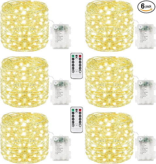 6 Pack Each 33FT 100LED Fairy Lights Battery Operated with Remote, Waterproof Twinkle Lights with Timer, Cuttable String Light Indoor & Outdoor for Bedroom Classroom Wedding DIY Christmas (Warm White)