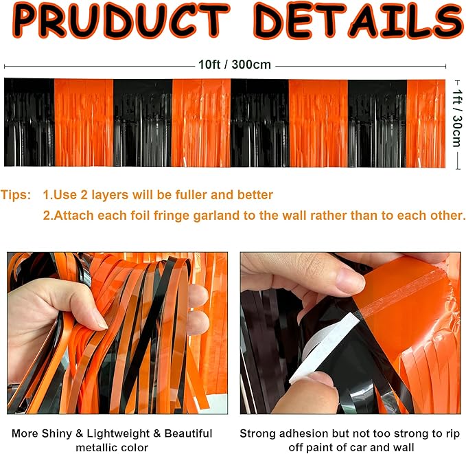 4 Pack 10 Feet Black Orange Halloween Parade Float Decorations for Trailer Car, Foil Fringe Tinsel Streamers Banner Garland for Halloween Graduation Homecoming Party Decoration (Black Orange)