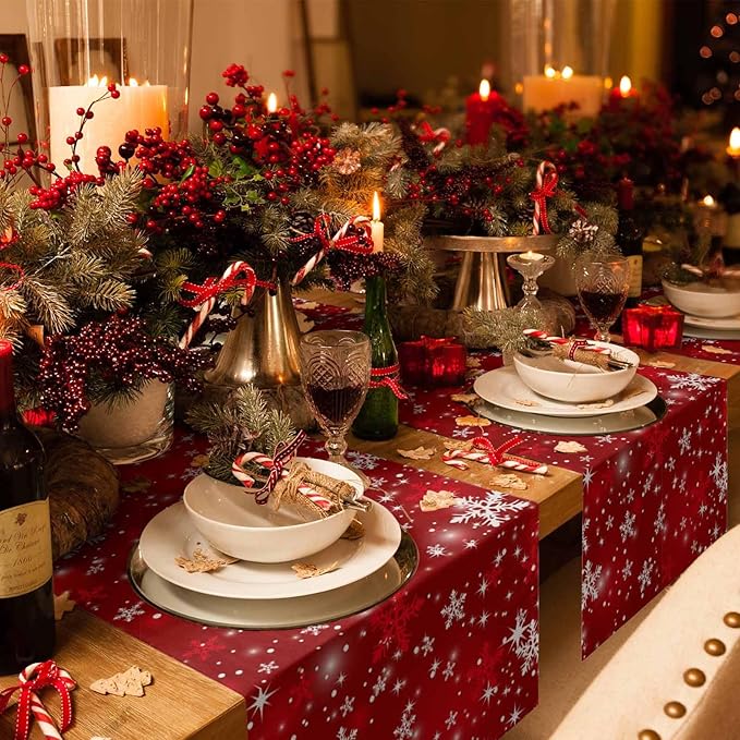 Christmas Snowflakes Cotton Linen Table Runner for Dining Kitchen, Red Xmas Winter Snow Wedding Outdoor Party Tablerunners Decoration, New Year Dresser Scarf Coffee Tablecloth Runners 13x120 Inches