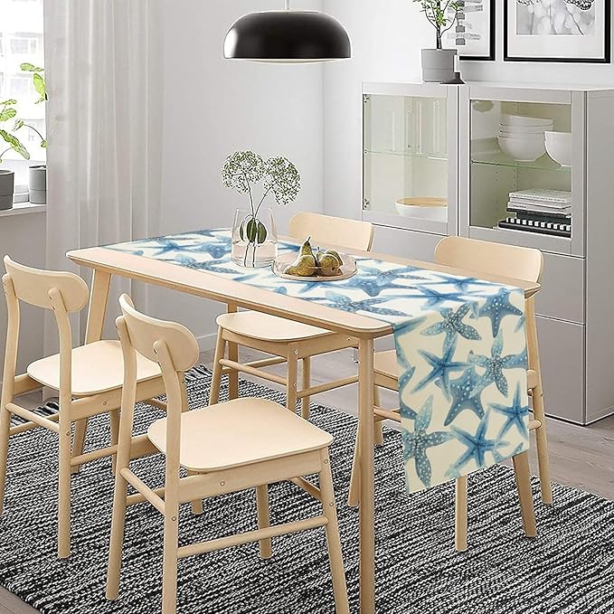 Starfish Plaid Table Flag Green Plaid and Marine Life Starfish Kitchen Table Flag Suitable for Birthday Party Restaurant Decoration Outdoor Picnic 13 * 60 Inch