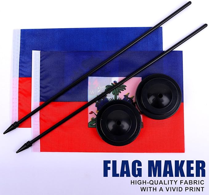 Haiti Desk Flag 12" Solid Pole Deluxe Set Haitians Flags Banner Mini Small Haiti Office Table Flags with Black Stand Base Desktop Decorations(2Pack)