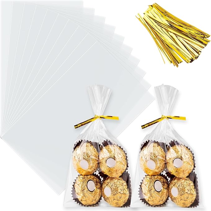 ZHEWTOEN 100 Pcs 5x7 Inch Cellophane Bags with Color Twist Ties, Clear Plastic Goodie Cello Treat Candy Bags for Cookies, Popcorn, Small Gift Wrapping, Party Favors, Bakery Packaging