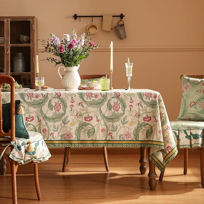 patdrea Designer French Vintage Rectangle Tablecloth,Green Linen Leaves Pattern Table Cloth,Decoration Floral Table Cover for Kitchen Dining Christmas,Thanksgiving,Party,63"x87"-Cecilia a