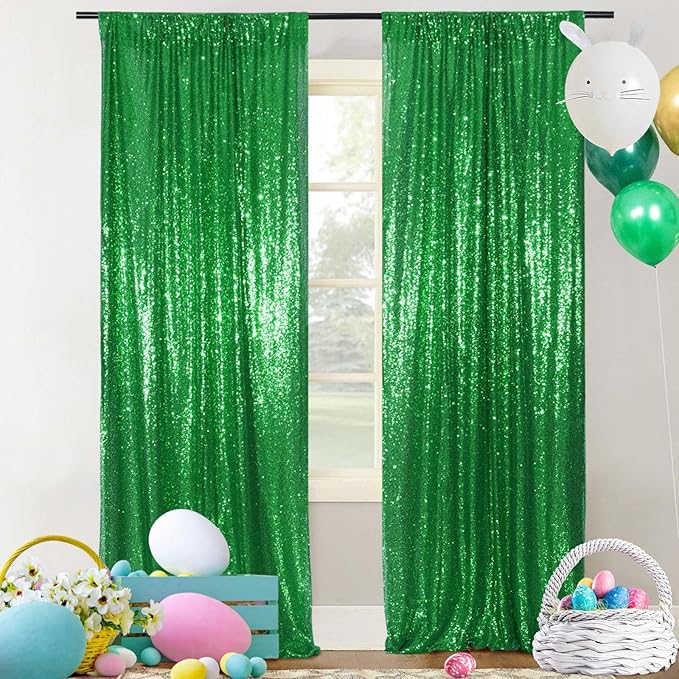 SquarePie Sequin Backdrop 2FTx8FT Green 2pcs Curtain Background for Wedding Party Christmas Decoration