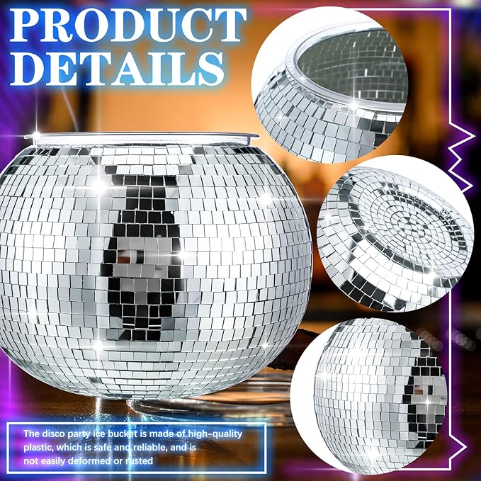 Hoolerry 11L Disco Ball Ice Bucket Mirror Silver Disco Party Champagne Bowl Cup Mirror Ball Themed Beer Bucket Disco Party Supplies Bar Cart Decor for Beer Cocktail Wine Champagne Cooler