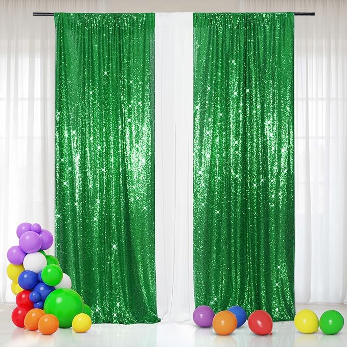 Eternal Beauty 2 PCS Sequin Backdrop Curtain, Sequin Wedding Backdrop for Christmas Party, Birthday (Green 2FTx8FT)