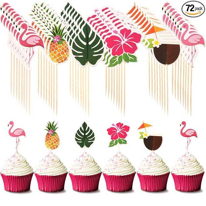 Luau Cupcake Toppers Tropical Cake Decorations Hawaiian Toothpicks Sticks with Flamingo Pineapple Palm Leaves Shape Picks for Summer Beach Theme Party Favors Supplies, 6 Styles (72)