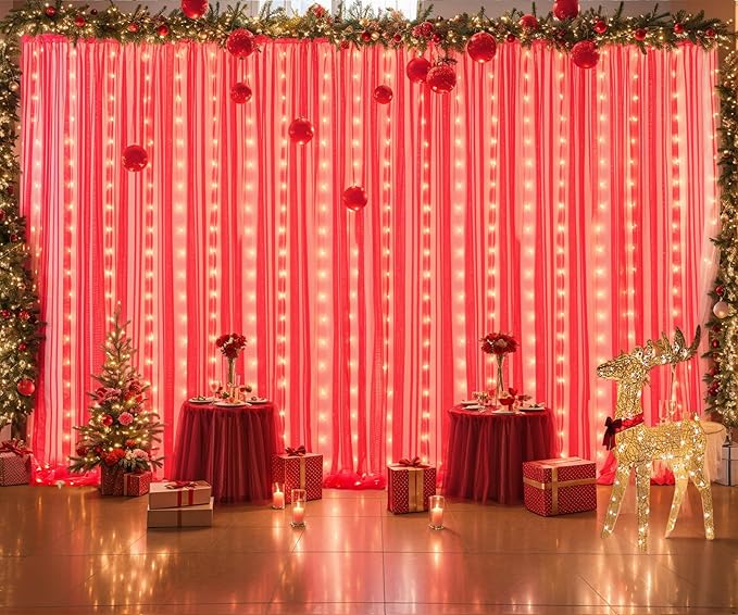 Red Tulle Backdrop Curtain with Lights String for Parites 30x8ft Sheer Backdrop Curtains Drapes for Birthday Party Baby Shower Christmas Wall Photo Booth Background Decorations(6 Panels 5ft×8ft)