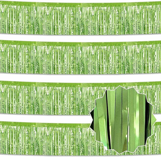 4 Pack 10 Ft Light Green Foil Fringe Garland Metallic Streamers Tinsel Banner Wall Hanging Garland Backdrop for Parade Floats, Halloween, Christmas, Thanksgiving, New Year Party Decorations