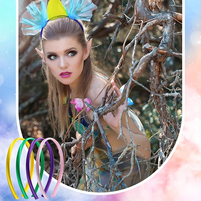 Canlierr 24 Pcs Rainbow Headbands 6 Tulle Mesh Fabric Rolls 100 Felt Flowers Embellishments for DIY Crafts 6 Colorful Satin Roll Ribbons for DIY Headbands Halloween Party Decoration