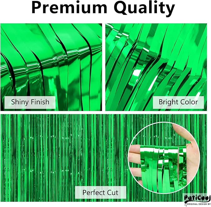 Green Streamers Party Decorations - Thicken 4 Pack 3.2 x 8.2 FT - Tinsel Foil Fringe Curtains Party Backdrop for Birthday, Dinosaur, Jungle, Football, Golf Party Decorations