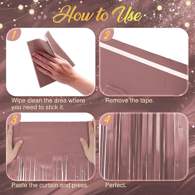 2 Pack Metallic Rose Gold Fringe Backdrop, 3.2x8.2ft Shining Foil Tinsel Curtains, Birthday Party Decorations Door Streamers for Halloween, Christmas, Wedding, Graduation, Holiday, Theme Events
