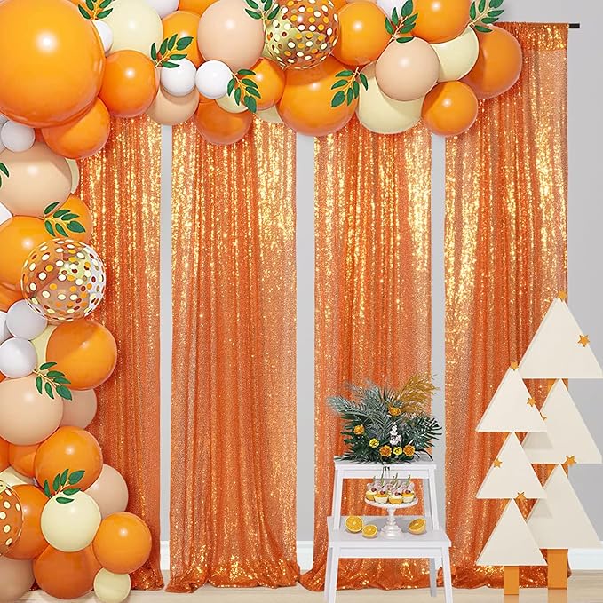 Juya Delight Orange Sequin Backdrop Curtain,2PCS 2FTx8ft Glitter Backdrop Curtain for Party,Birthday,Christmas Wedding Decoration,Orange