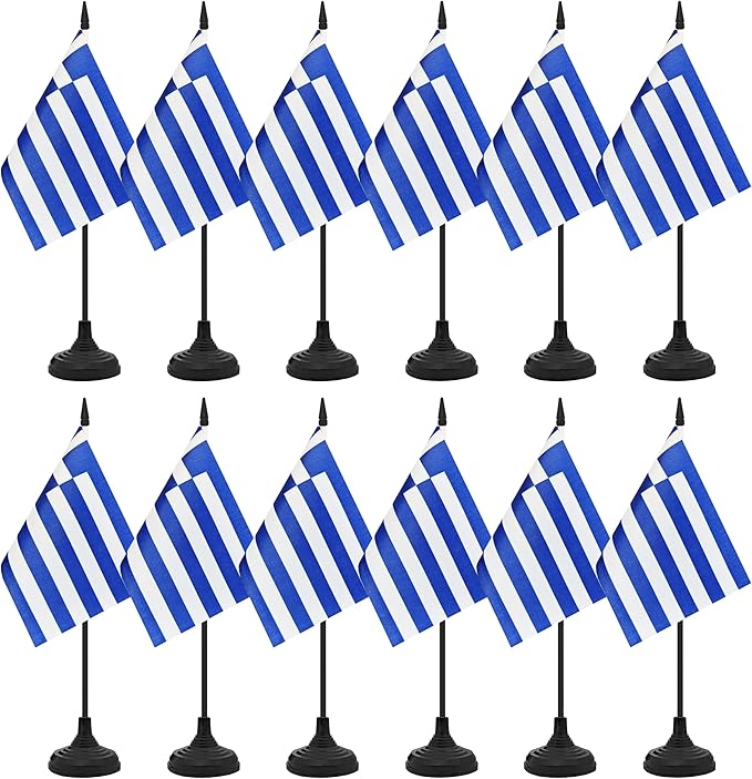 12 Pack Greece Desk Flag Set, Greek Table Office Flag, Small Miniature Desktop Flag With Black Pole and Black Base, Classroom, Offices Meeting Desk Decoration (Greece)