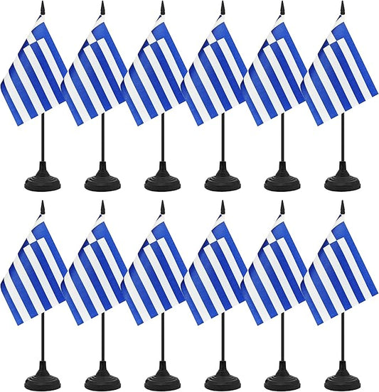 12 Pack Greece Desk Flag Set, Greek Table Office Flag, Small Miniature Desktop Flag With Black Pole and Black Base, Classroom, Offices Meeting Desk Decoration (Greece)