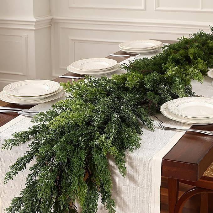 2PCS 9FT Artificial Christmas Garland, Cedar Garland -Real Touch Greenery Cypress Pine Garland for Mantle Table Railing Fireplace Indoor & Outdoor Christmas Decorations
