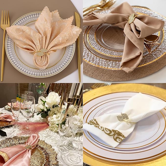Set of 100 Napkin Rings Metal Gold Elegant Bling Leaves Rhinestone Napkin Ring, Napkin Rings Bulk Dinner Banquet Serviette Decor, Dining Table Setting for Thanksgiving Christmas Holiday Wedding Party