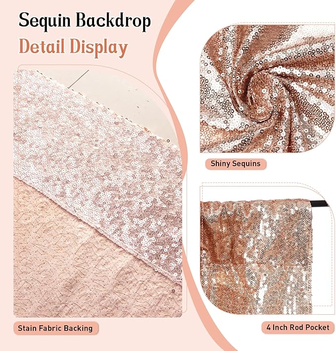 SquarePie Sequin Backdrop Not See Through Thick Stain Background for Photography Glitter Curtain Party 8FT x 8FT Rose Gold