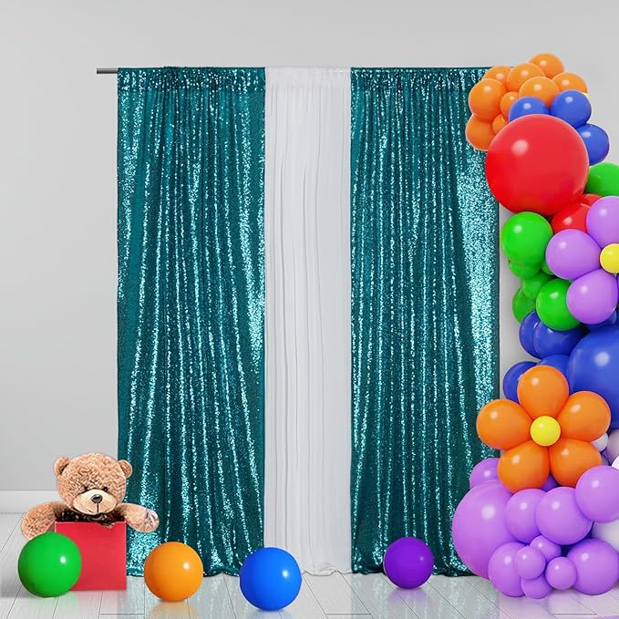 Eternal Beauty Teal Sequin Backdrop Curtains, Shimmer Back Drop 4Panels-2FTx8FT for Christmas, Party, Birthday, Photography, Wedding, Baby Shower Event Decoration