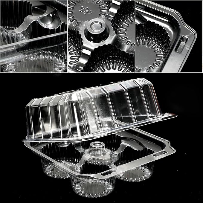 80 Pack Plastic Cupcake Containers 4-Compartment Clear Boxes Disposable Cupcake Tray Holders 4 Cavity Cupcakes Carriers with Deep Dome for Muffin Packaging