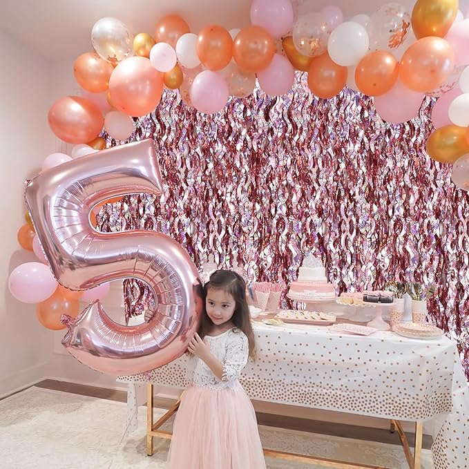TONIFUL 3Pcs Wavy Metallic Tinsel Foil Fringe Curtains Rose Gold Streamer Backdrop for Photo Booth Props,Party Door Wall Curtain,Bachelorette,Birthday,Anniversary,Bridal Shower Decor (9.9ft x 6.6ft)