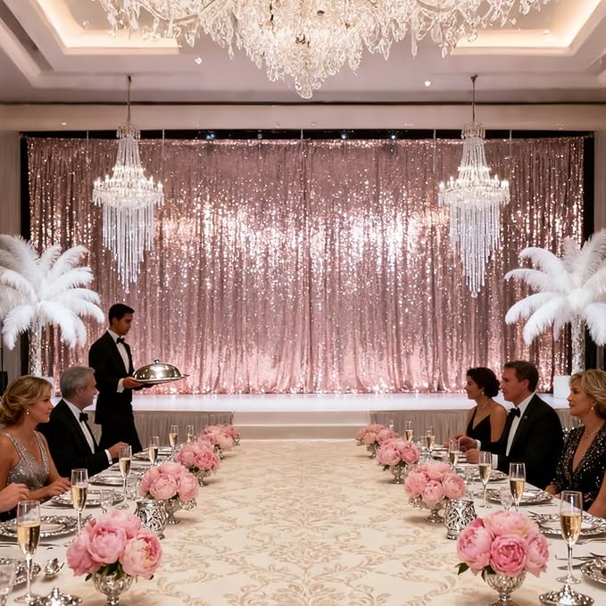 VOK Rose Gold Sequin Backdrop Curtains 2 Panels 2FTx8FT Glitter Photography Background for Wedding Birthday Christmas Party Decorations