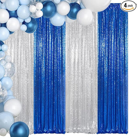 ShinyBeauty Silver and Blue Sequin Backdrop - 4 Pieces Shimmer Curtains Panels for Birthday, Party, Baby Shower, and Photo Backgrounds （2FTX8FT）