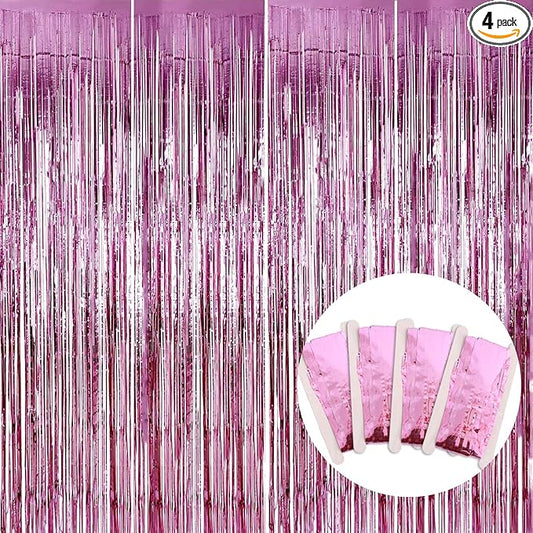 BEISHIDA 4 Pcs Pink Door Streamers Tinsel Curtain Party Streamers Backdrop Fringe Foil Wall Background for Birthday Christmas Wedding Pink Girls Valentine's Day Party Decoration(3.28 ft x 6.56 ft)