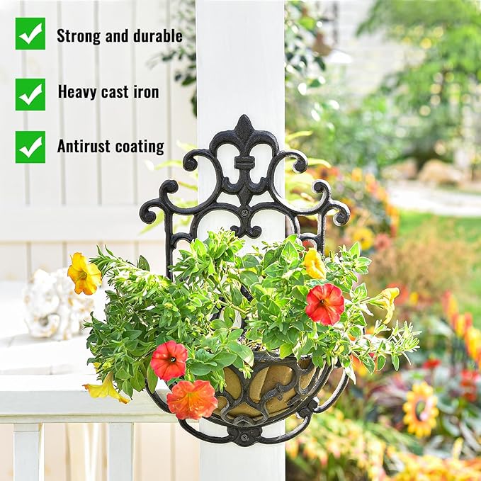 Sungmor 2 Pack Wall Hanging Planter Basket with Fabric Liner, Antique Victoria Style Cast Iron Wall Planter Holder, Outdoor Railing Fence Balcony Metal Hanging Basket Half Round Flower Pots