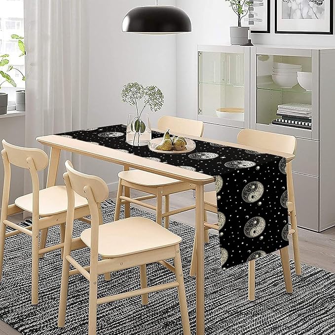 Mystical Celestial Table Runner, Vintage Bohemian Black Yin Yang Symbol Moon Stars Print Table Runner for Office Kitchen Dining Wedding Party Home Coffee Table, 13x70inch