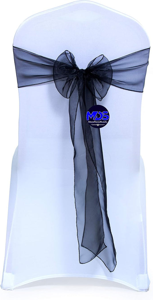 MDS Pack of 10 PCS Organza Chair Sashes Wider Dining Chair Bows Ribbon Tie Back for Wedding Party Birthday Bridal Shower Reception Event Banquet Home Chair Cover Decoration - Black