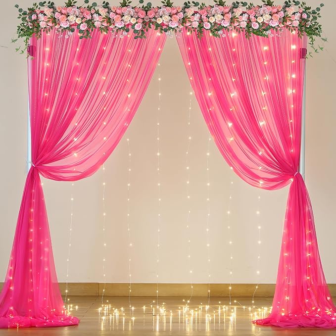 10ft x 10ft Hot Pink Tulle Photo Backdrop Curtain with Lights String for Parties Wedding Sheer Fuchsia Curtain Backdrop for Birthday Party Bridal Shower Photo Booth Photography Background Decorations