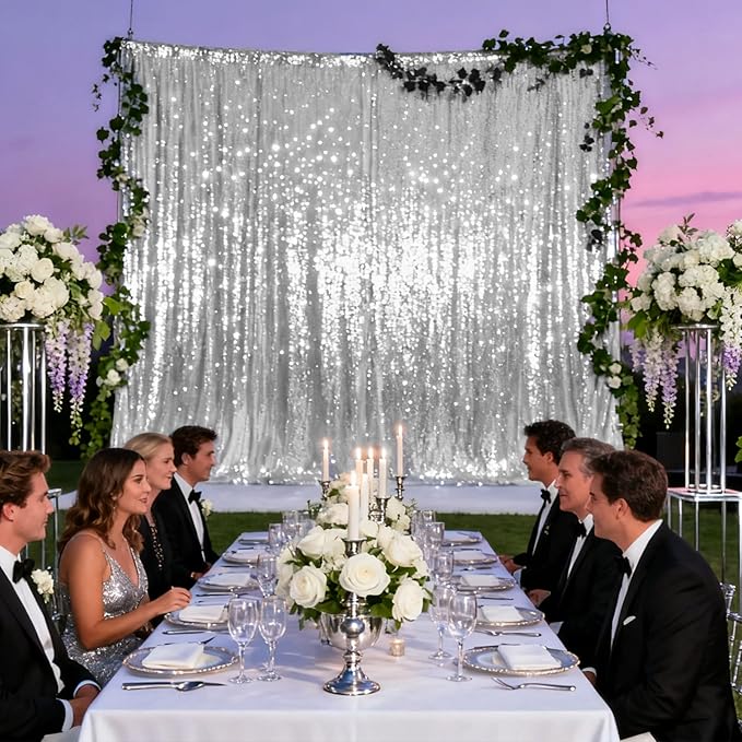 VOK Silver Sequin Backdrop Curtains 2 Panels 2FTx8FT Glitter Photography Background for Wedding Birthday Christmas Party Decorations