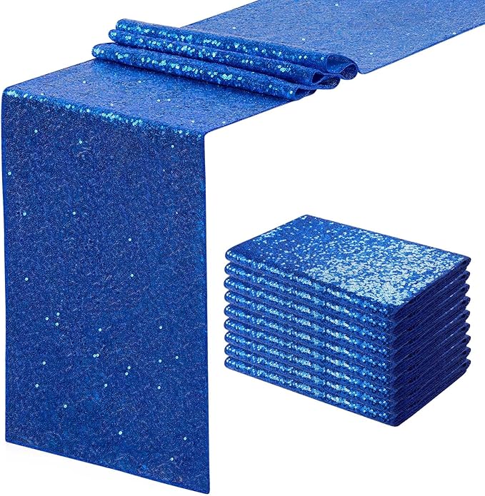 Glitter Sequin Table Runners Royal Blue 10 Pieces 12x108 Inches Sequin Fabric Shimmer Table Runner for Baby Shower Banquet Wedding Table Decorations