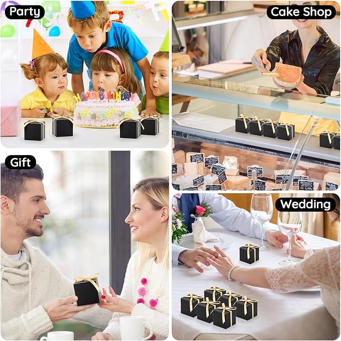 EUSOAR Favor Boxes, 60pcs 3x3x3 Inches Black Candy Gift Box Individual Cookie Box with Gold Ribbon, Mini Bakery Cookies Box Paper Chocolate Containers for Wedding Birthday Party DIY Favors Supplies