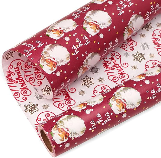 Ribbli Christmas Wrapping Paper Reversible Vintage Santa and Merry Christmas Red White Gift Wrapping Paper Rolls-17 Inch x 33 Feet