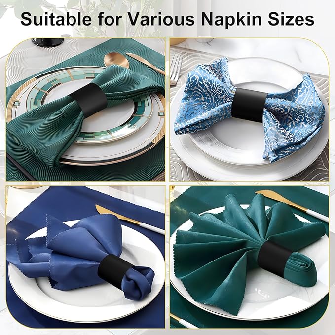 Polymer Material Reusable Napkin Band, Glue-Free Tear-Proof Water Resistant Oil-Proof Napkin Bands Set of 50(Front Black Color and Back White), 6 Adjustable Sizes Napkin Rings