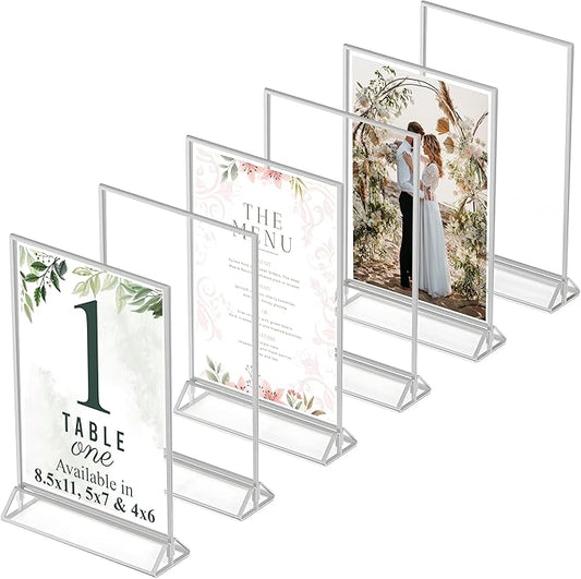 Silver Picture Frames Double-Sided, 6-Pack 8.5x11 Acrylic Table Number Holders, Clear Easel Stands for Signs, Silver Frames for Wedding Table Numbers, Menu Holders, Photo Displays for Events and Décor